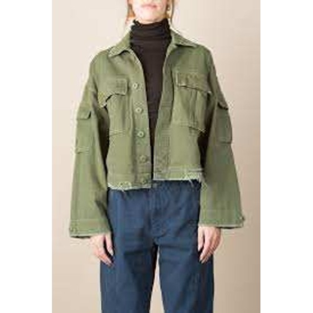 GRLFRND Women's Dorian Military Green Cropped Intentionally Distressed Jacket XL